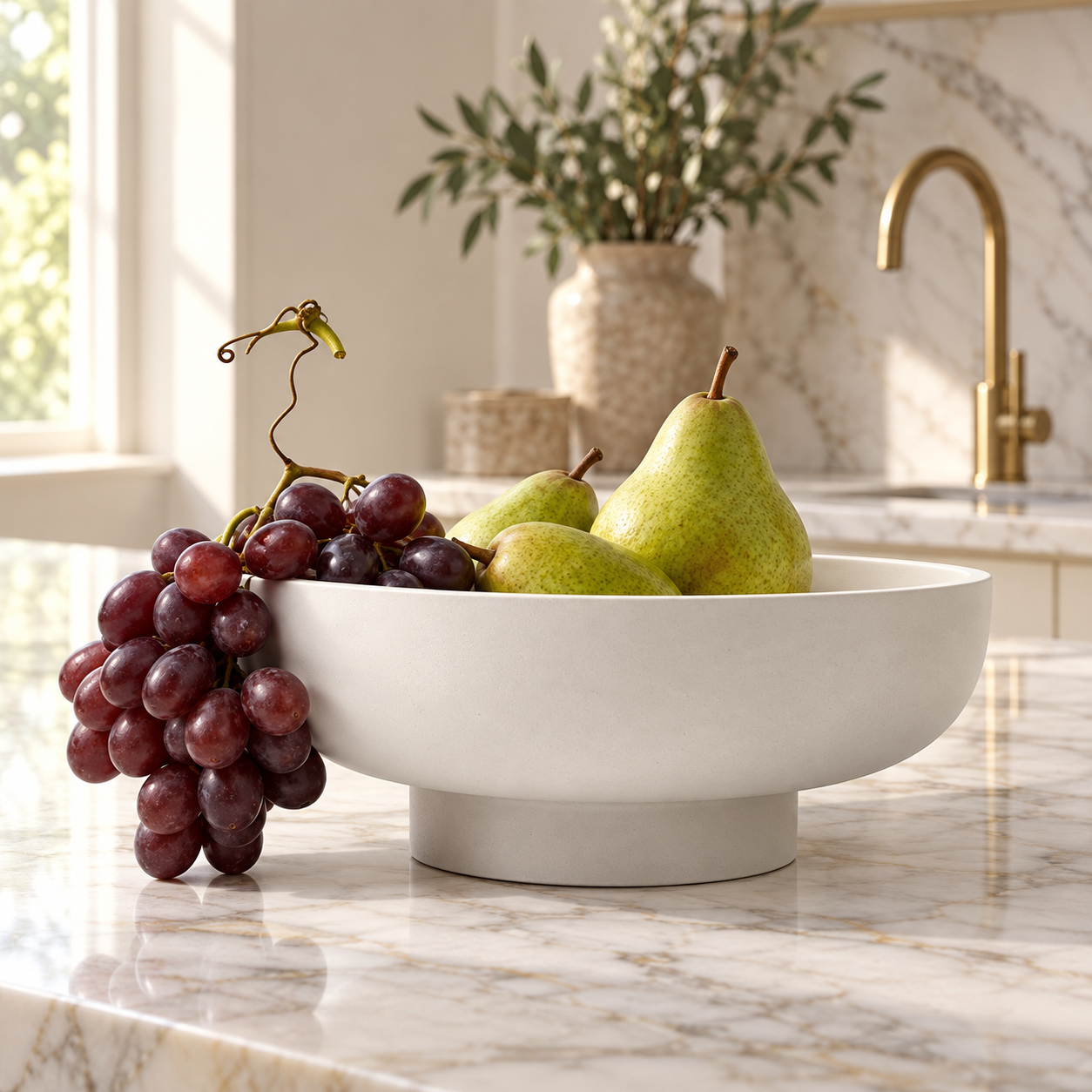 Cream Classic concrete fruit bowl on a marble kitchen island