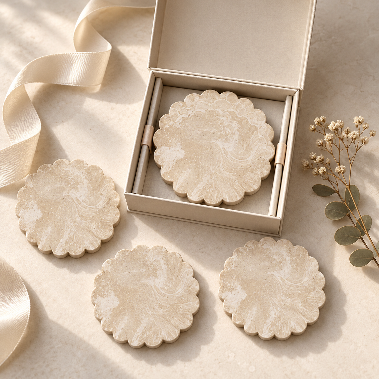 Gift-ready set of four cream concrete coasters in a premium presentation box