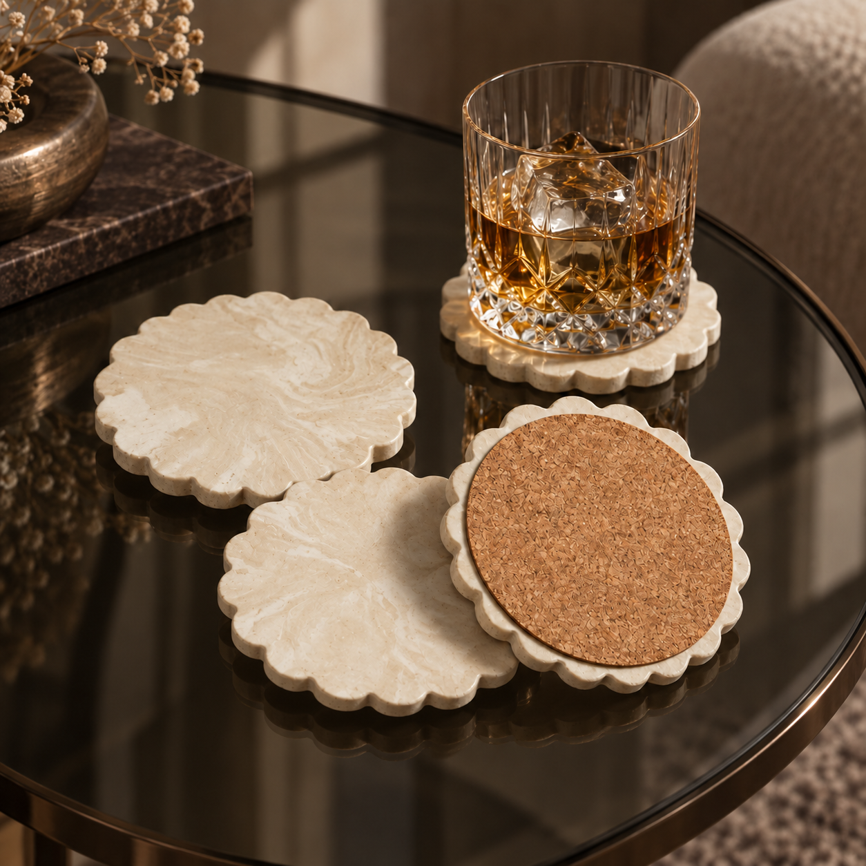 Four cream scalloped concrete coasters styled with crystal glassware on smoked glass