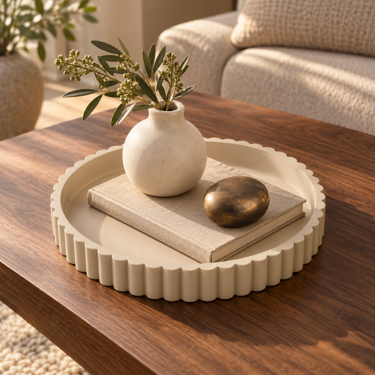 Beige tray styled on a walnut coffee table