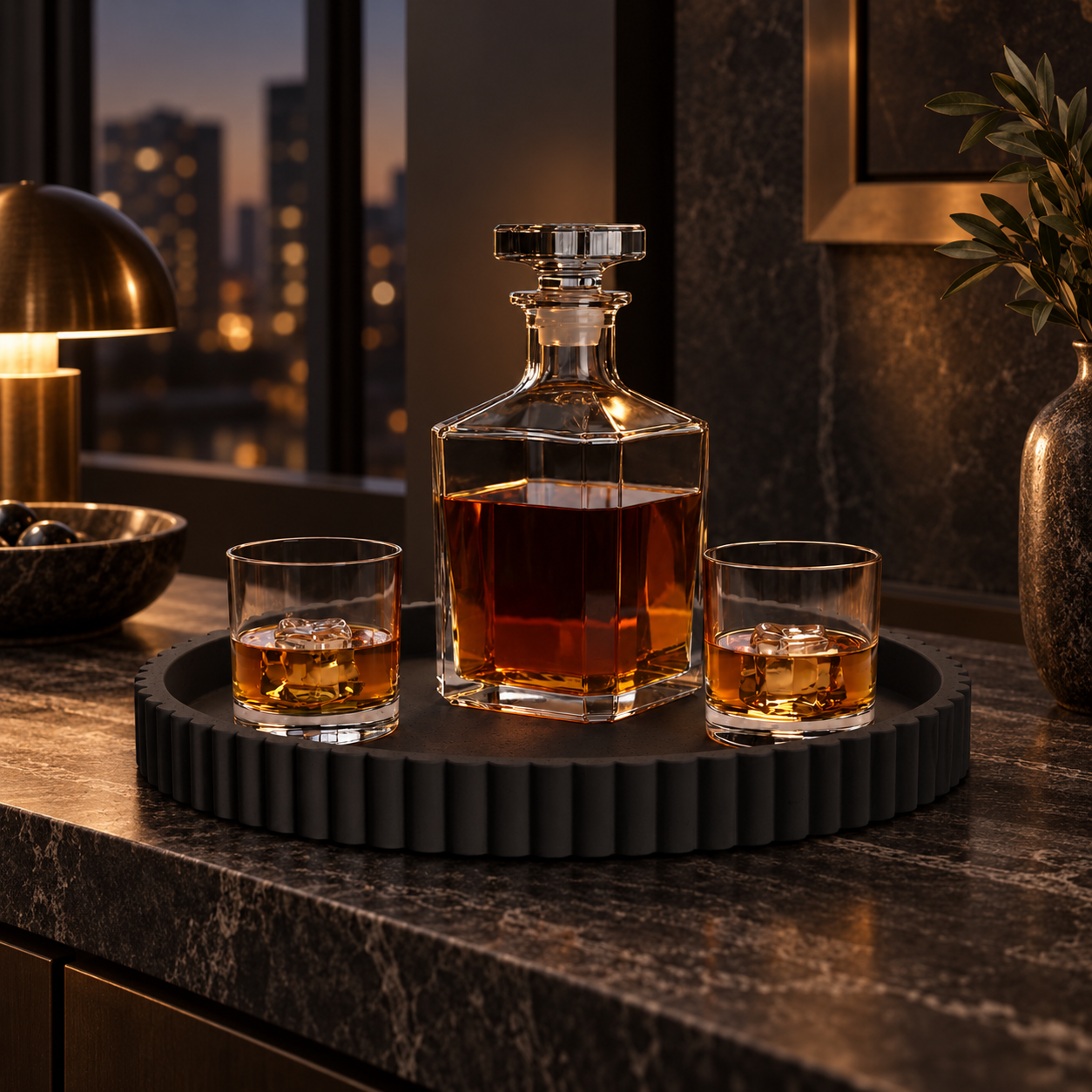Black tray styled with crystal decanter and glasses