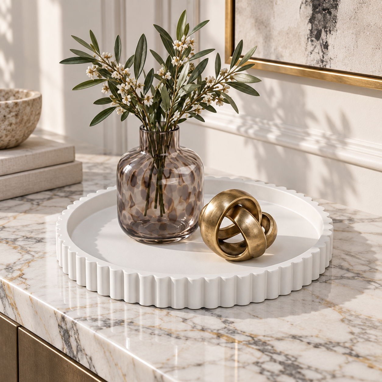 13-inch white fluted concrete tray styled on Calacatta marble